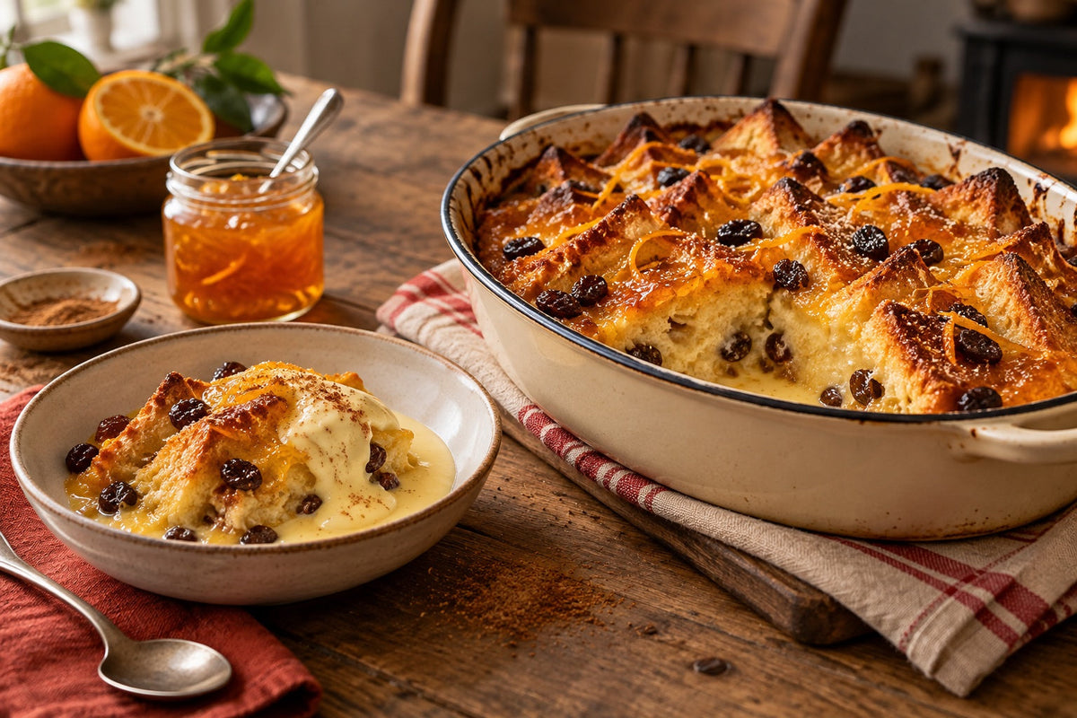 Baked bread and butter pudding with sultanas and an orange marmalade glaze, with a bowl served with custard