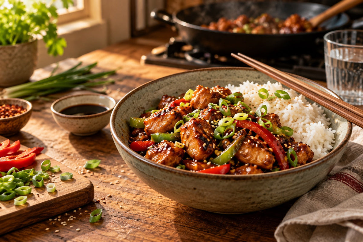 Sticky Cantonese-style chicken with peppers, spring onion and sesame next to white rice in a bowl with chopsticks