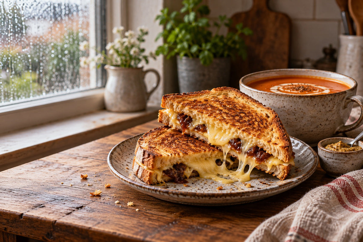Cheese and pickle toastie cut in half with melted cheddar, next to a mug of cream of tomato soup by a rainy window