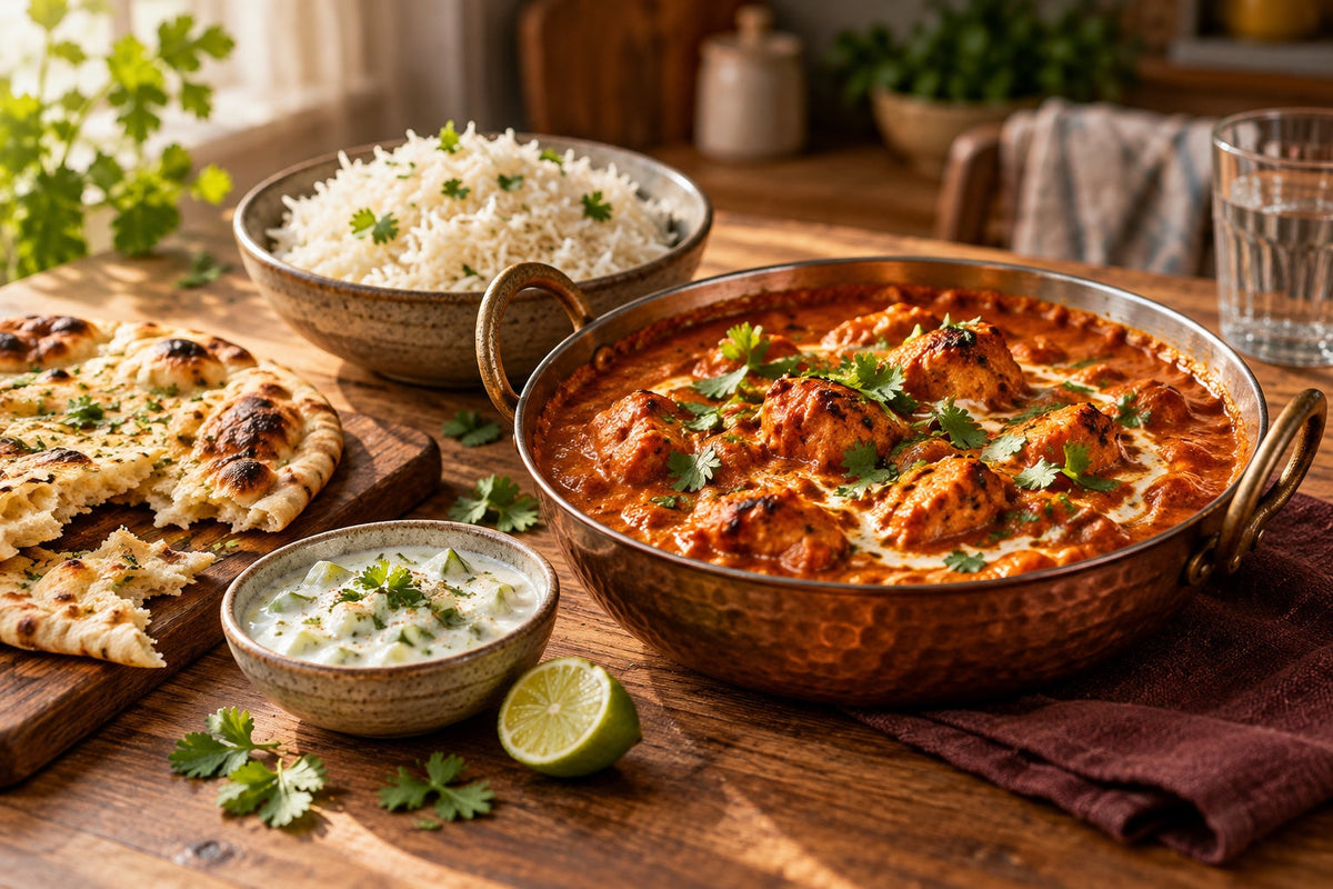 Creamy chicken tikka masala in a copper dish with basmati rice, naan bread, raita and lime