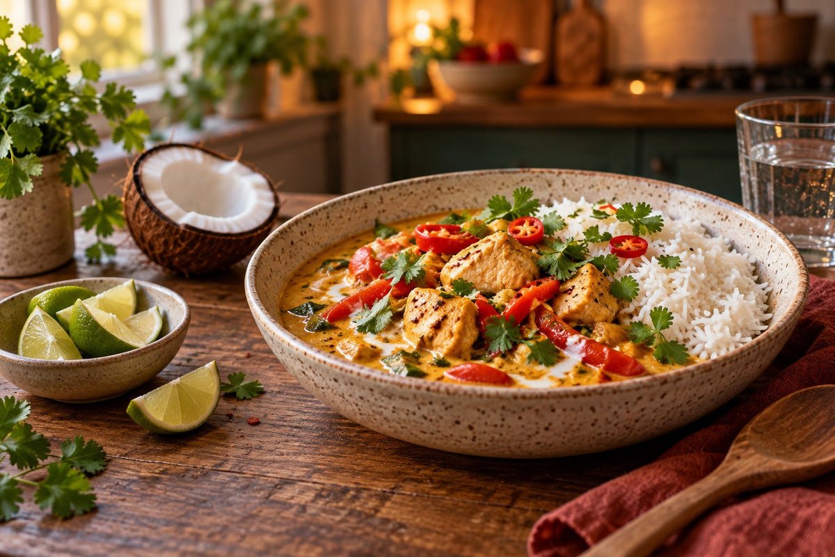 Creamy coconut chicken curry with red pepper, coriander and chilli next to fluffy white rice, with lime wedges