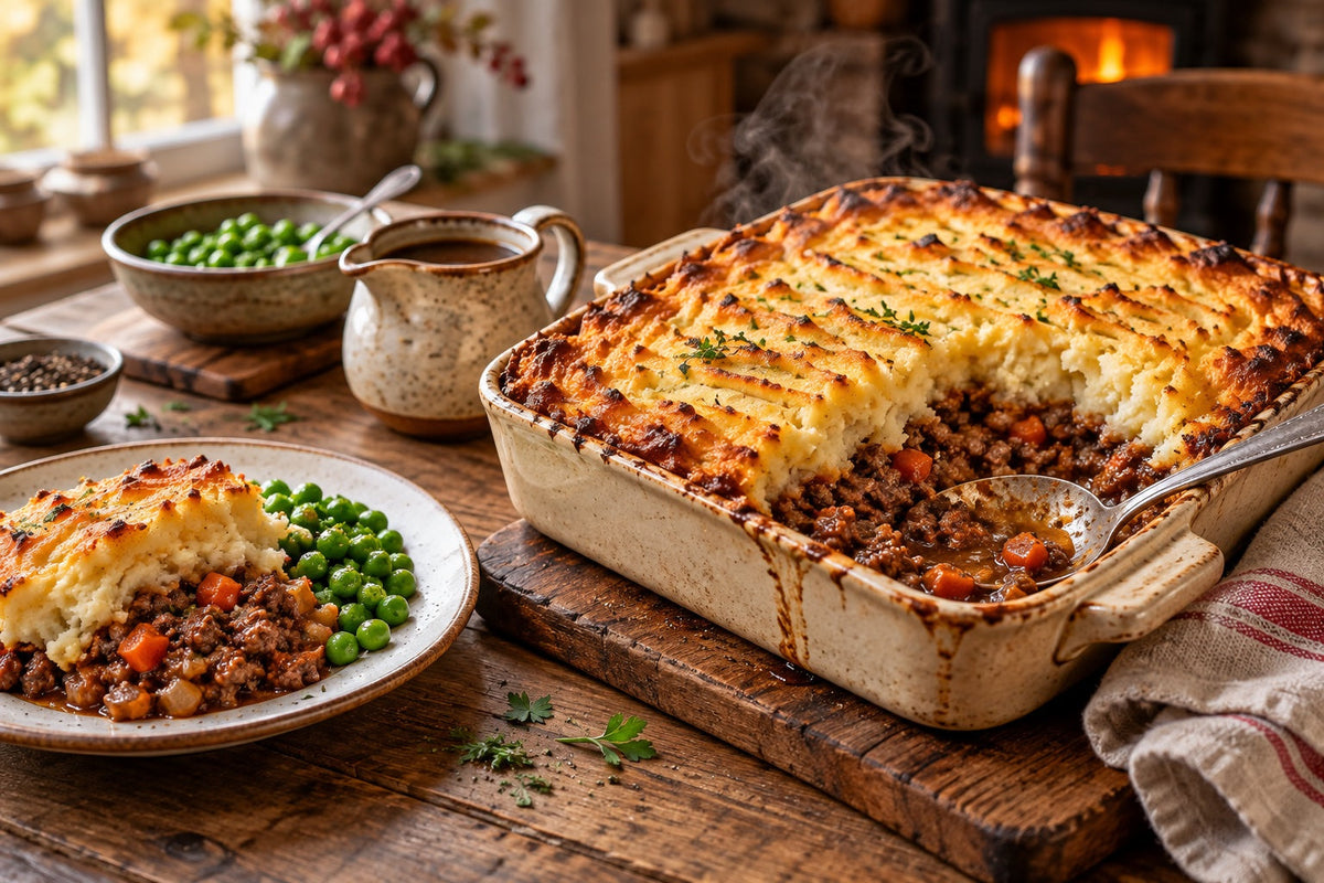 Homemade British cottage pie with golden ridged mash, a portion served with peas and a jug of gravy on a wooden table