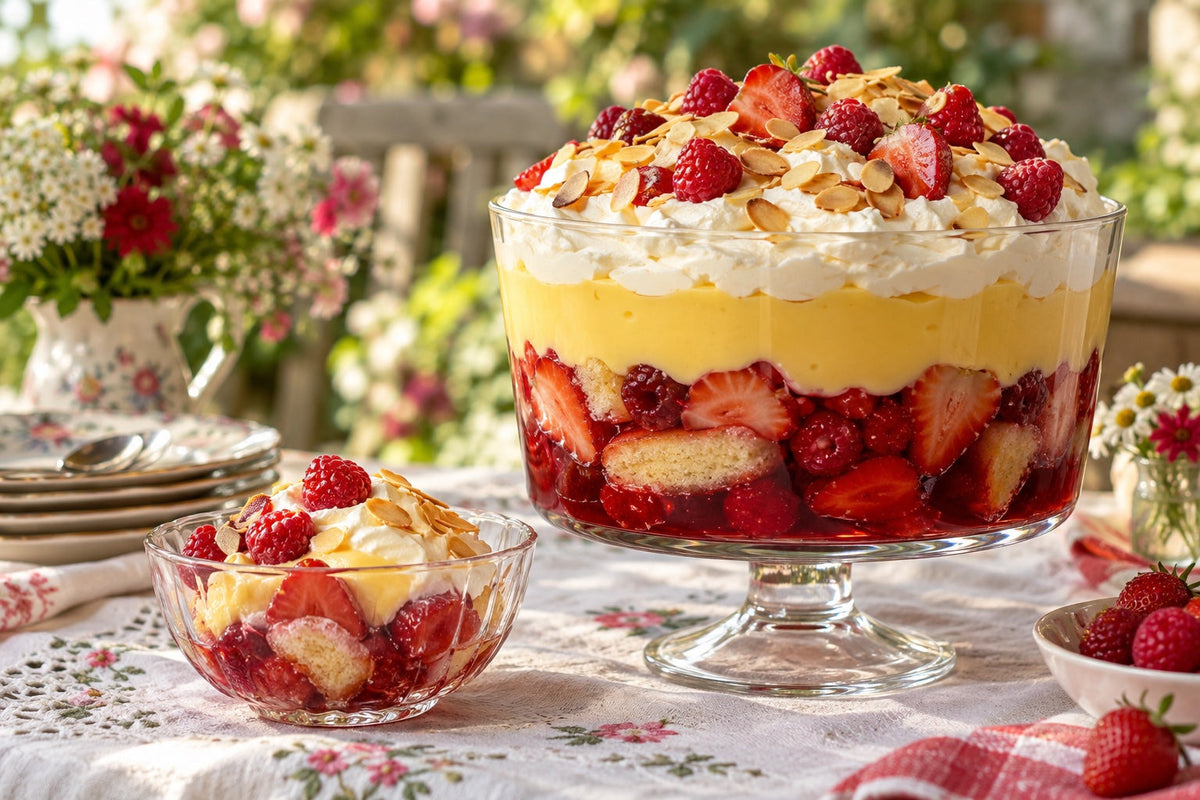 Classic English trifle in a glass bowl with layers of berries and jelly-soaked sponge, custard and whipped cream topped with almonds