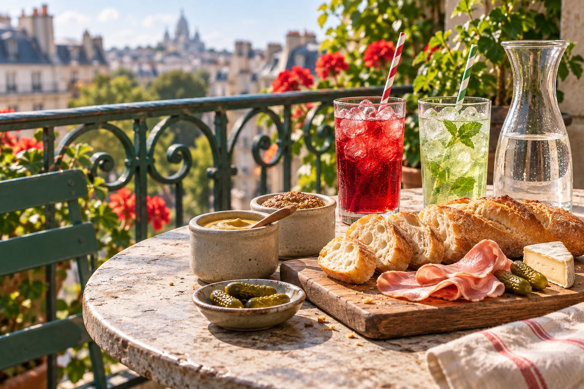 Pots of Dijon and wholegrain mustard with baguette, ham and cornichons, plus iced grenadine and mint syrup drinks on a Paris balcony