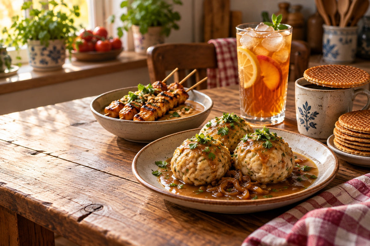 Bavarian bread dumplings in onion gravy, satay skewers with peanut sauce, Dutch stroopwafels on a coffee mug and iced peach tea