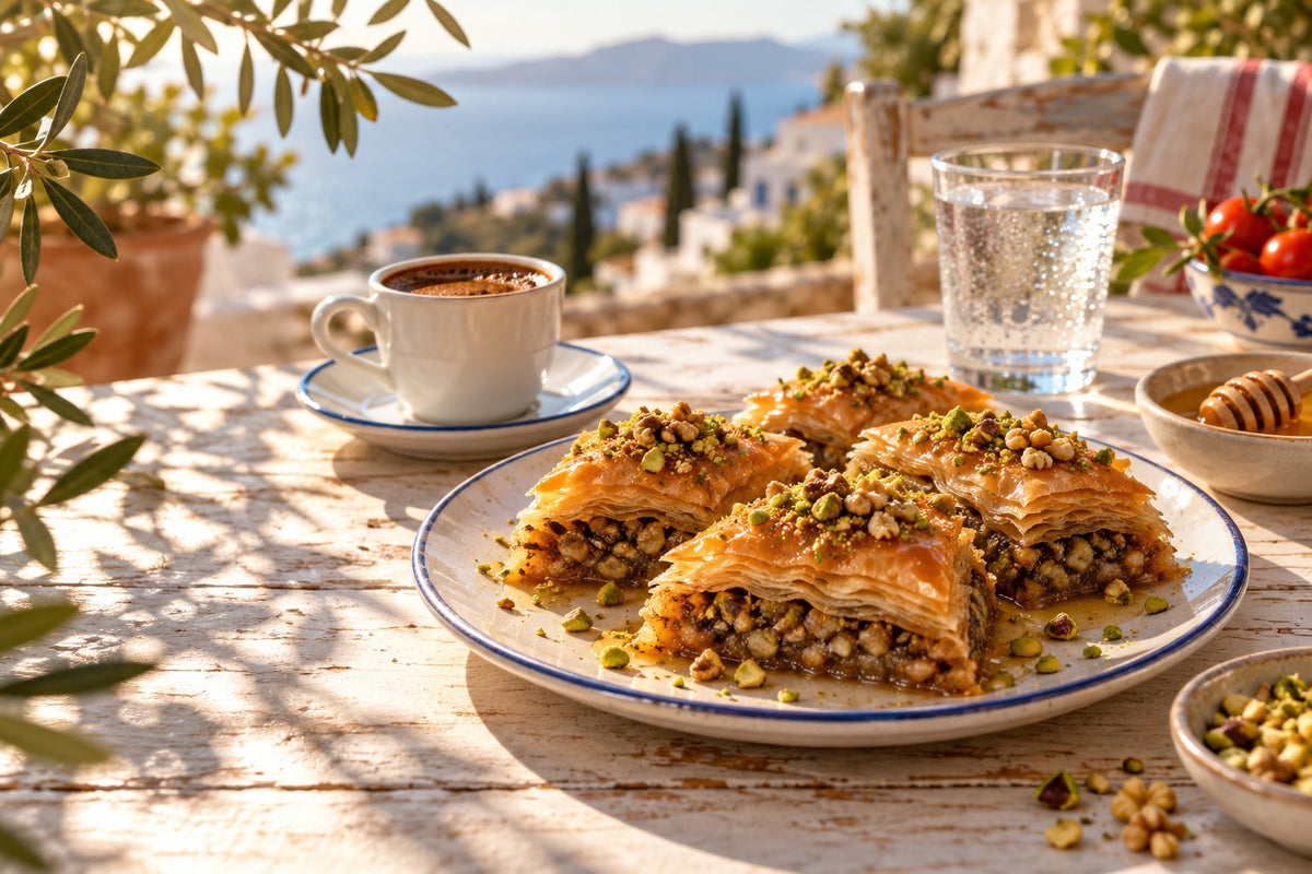 Pieces of Greek baklava with pistachios and honey next to a cup of Greek coffee on a sunny terrace table
