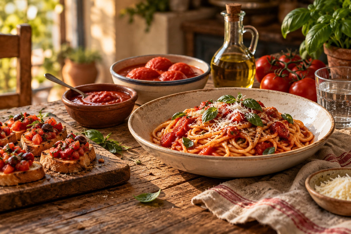 Spaghetti in rich tomato sauce with basil and parmesan, bruschette with tomato and olives, tomato purée and plum tomatoes on a rustic table