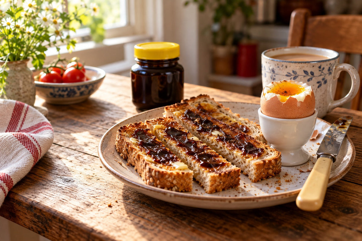 Buttered wholemeal toast soldiers spread with dark yeast extract, a soft-boiled egg and a mug of tea on a British breakfast table