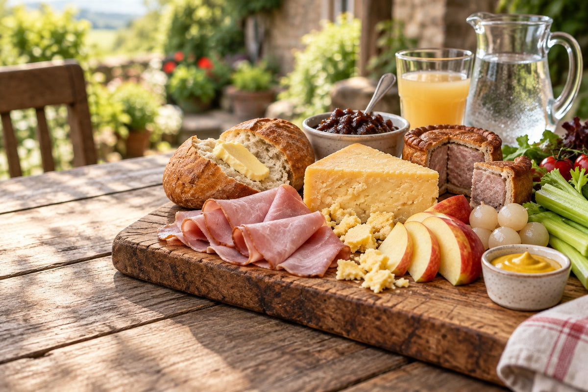 British ploughman's lunch board with mature cheddar, ham, pork pie, crusty bread, apple, pickled onions, brown pickle and English mustard