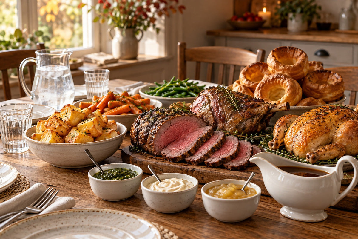 British Sunday roast with roast beef, lamb, chicken and Yorkshire puddings, with bowls of mint sauce, horseradish, apple sauce and gravy