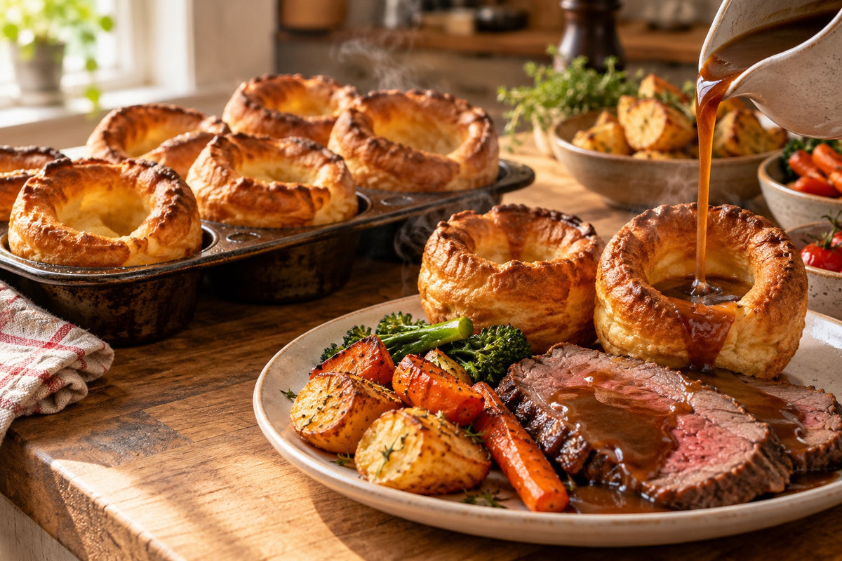 Tall golden homemade Yorkshire puddings in a muffin tin and on a plate with roast beef, being filled with gravy